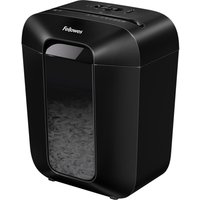 Black Fellowes LX45 paper shredder with cross-cut design and transparent front panel showing shredded paper.