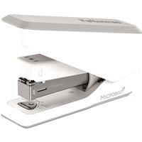 White Fellowes LX840 stapler with a sleek design, silver metal staple area, and Microban antimicrobial protection.