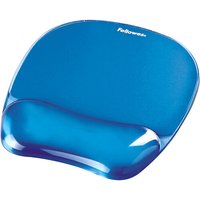 Blue Fellowes mouse mat with ergonomic gel wrist support and non-slip rubber base.