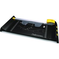 Black Fellowes Neutron A4 paper cutter with yellow accents, clear safety guard, and measurement grid.
