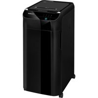 Black Fellowes AutoMax paper shredder with 550-sheet auto feed and cross-cut feature, sleek design on caster wheels.