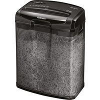 Black Fellowes paper shredder with transparent bin, cross-cut blades, and 7-sheet capacity.