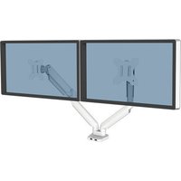 White dual monitor arm with adjustable joints for two 40-inch screens, VESA compatible, sleek and modern design.
