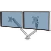 Silver Fellowes dual monitor arm for two 40" screens, adjustable tilt, pan, swivel, VESA compatible.