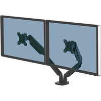 Black Fellowes dual monitor arm with adjustable mounts for two screens, VESA compatible, sleek design.