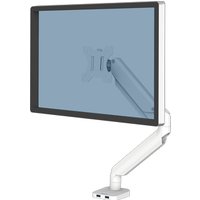 White Fellowes monitor arm with adjustable joints, supporting a large screen, sleek design for 8KG 40-inch displays.