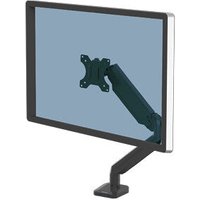 Black Fellowes monitor arm with adjustable joints, VESA mount, supports 8KG 40-inch screens, sleek modern design.