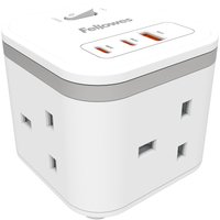 White Fellowes Power Cube with 3 sockets, USB-A and USB-C ports, and a gray accent stripe.