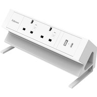 White Fellowes Power Desk with 2 sockets, 1 USB-A, and 1 USB-C port, angled design with stand.
