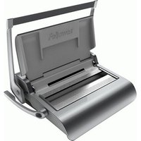 Gray Fellowes Quasar wire binder with a lever handle and open binding slot, featuring a sleek, compact design.