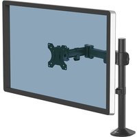 Black Fellowes Reflex Monitor Arm with adjustable mount for 32-inch screens, sleek design, and sturdy base.