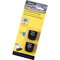 Fellowes SafeCut Replacement Blades 2 Pack, black cartridges in yellow packaging with safety shield icon.