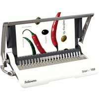 White Fellowes Star+ 150 manual comb binder with open comb mechanism and paper alignment guide.