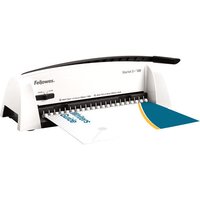 Fellowes Starlet 2+ ring binder in grey and white with black handle and paper guide, featuring comb binding mechanism.