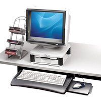 Black Fellowes underdesk keyboard manager with sliding tray, holding a white keyboard and mouse.