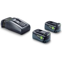 Festool cordless set with two 18v 5ah batteries and a black charger, featuring green accents.