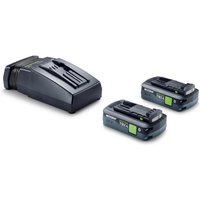 Festool 18v TBX set with two black 4ah batteries and a sleek black charger, featuring green accents.