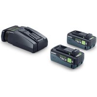 Festool 18v TBX set with two black 8ah batteries and a compact black charger.