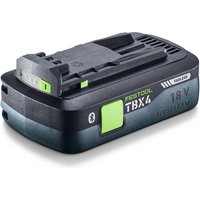 Festool BP 18 TBX 4 C 18v cordless battery, black and green, with Bluetooth and 4ah capacity.