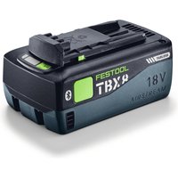 Festool BP 18 TBX 8 ASI 18v cordless battery, black with green accents, Bluetooth logo, and 8ah capacity label.