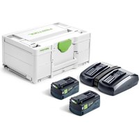 Festool SYS 18v kit with two black 5ah batteries, dual charger, and white storage case with green accents.