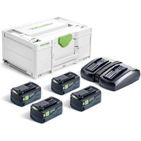 Festool SYS 18v cordless kit with four 5ah batteries, dual charger, and white storage case with green accents.