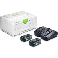 Festool SYS 18v TBX kit with white storage box, two black 4ah batteries, and dual-slot charger.