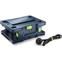 Festool SYS-MC 6/4 Quick Charger, dark blue with green accents, includes power cord, suitable for 10.8v-18v batteries.