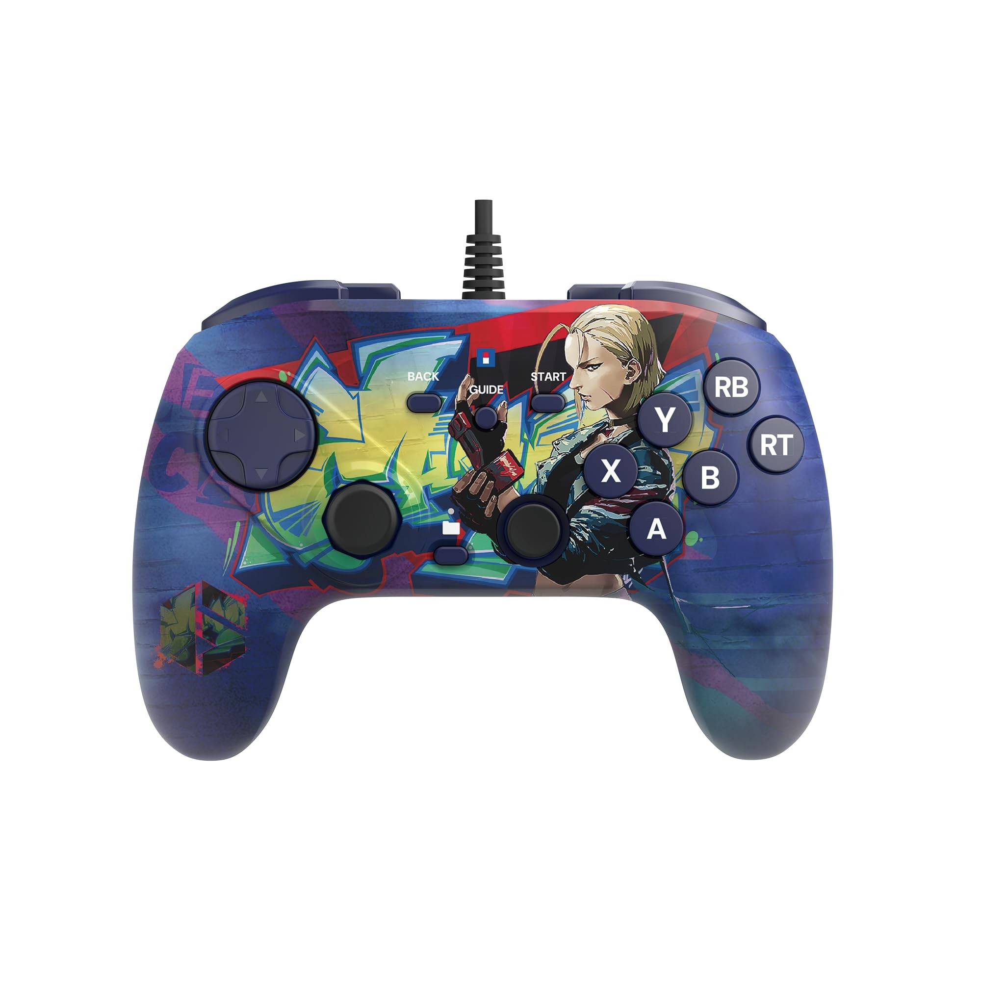 Fighting Commander OCTA controller in blue with Cammy design, featuring six buttons, a joystick, and a textured grip, designed for PC gaming.