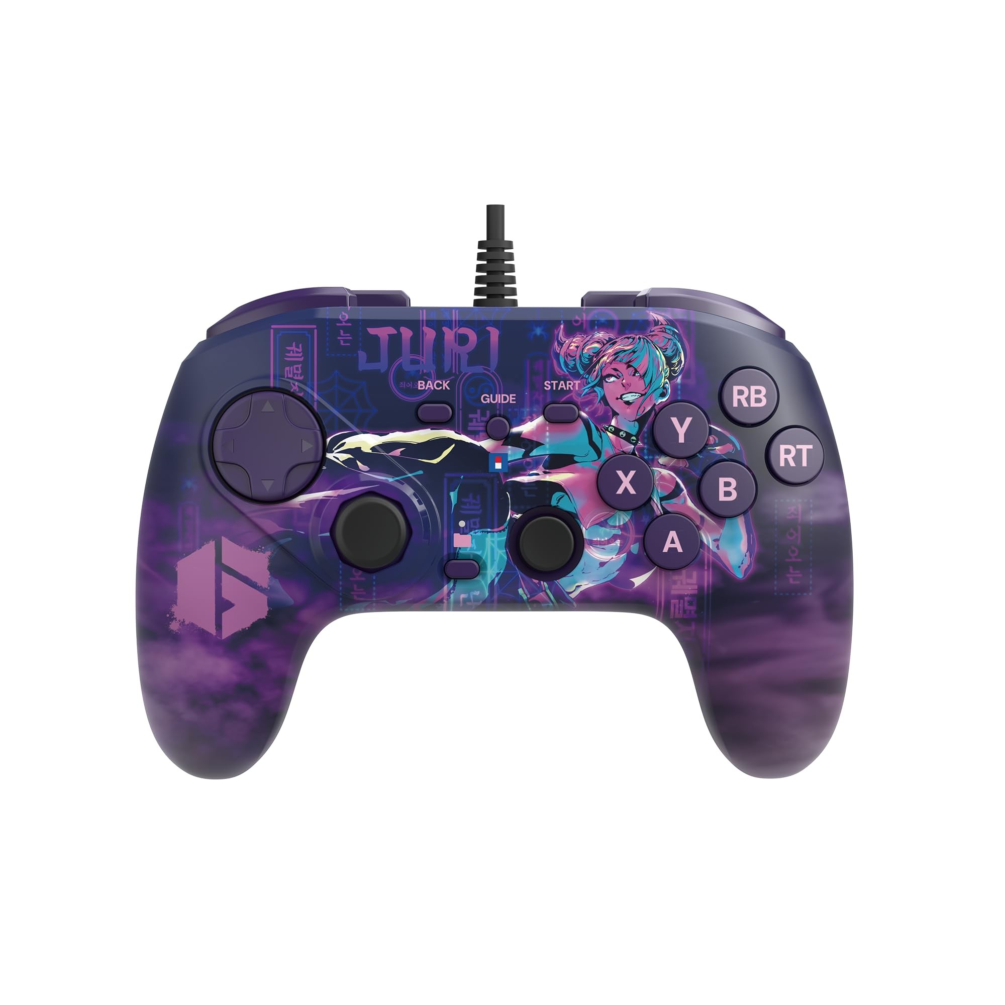 Fighting Commander OCTA controller in purple with a glossy finish, featuring Juri from Street Fighter, and distinct buttons labeled A, B, X, Y, RB, RT, and a wired connection.