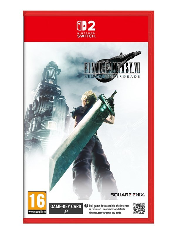 Final Fantasy VII Remake Intergrade Day One Edition for Switch 2 features a striking cover with Cloud Strife wielding a large sword against a futuristic city backdrop, in a vibrant red case.
