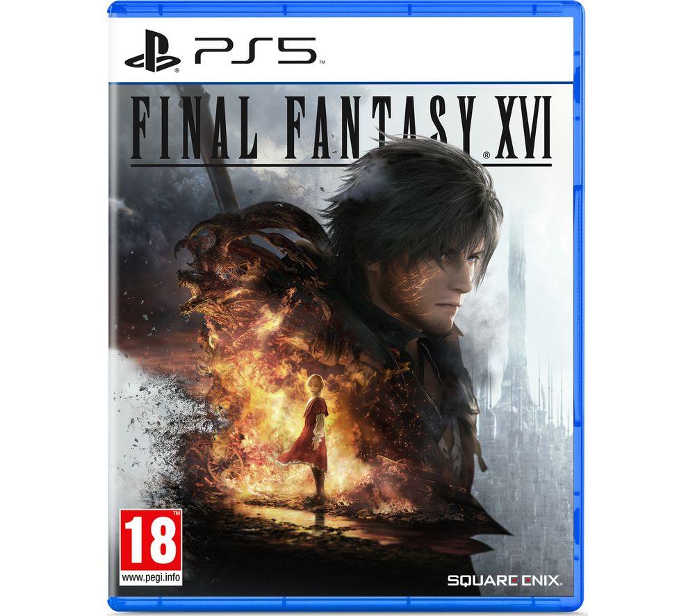 Final Fantasy XVI for PS5 features a blue case with a dramatic cover art showing a character in a dark setting, flames in the background, and the game's title prominently displayed.