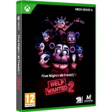 Green Xbox Series X game case featuring "Five Nights at Freddy's: Help Wanted 2" title, with colorful cartoon characters on a dark background and a prominent "12" age rating.
