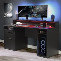 Black gaming desk with a sleek design, featuring dual monitors, RGB lighting, a keyboard, and a CPU tower with illuminated fans, alongside storage drawers and speakers.
