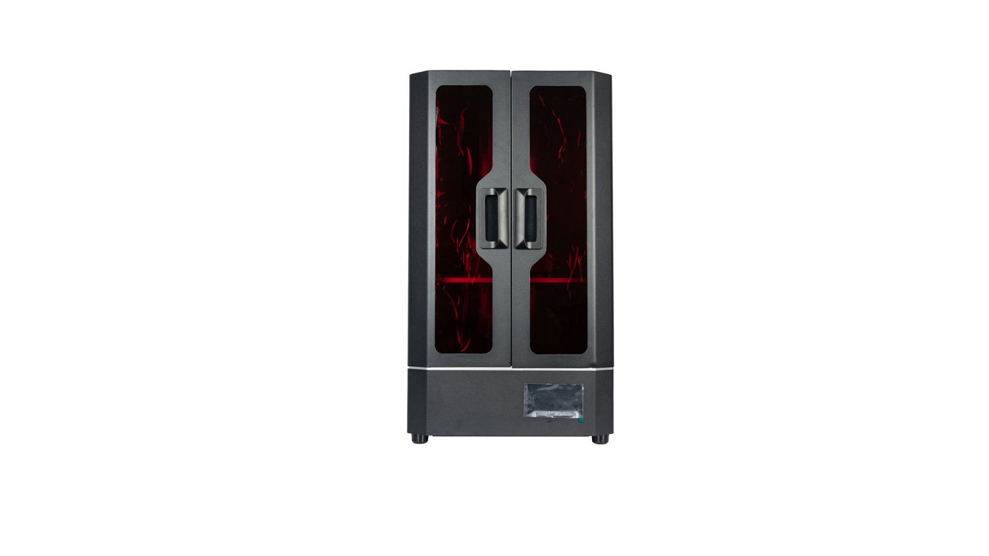 Black and gray Flashforge Foo 13.3 LCD resin printer with a sleek design, featuring transparent red panels, dual doors, and a sturdy base for stability.