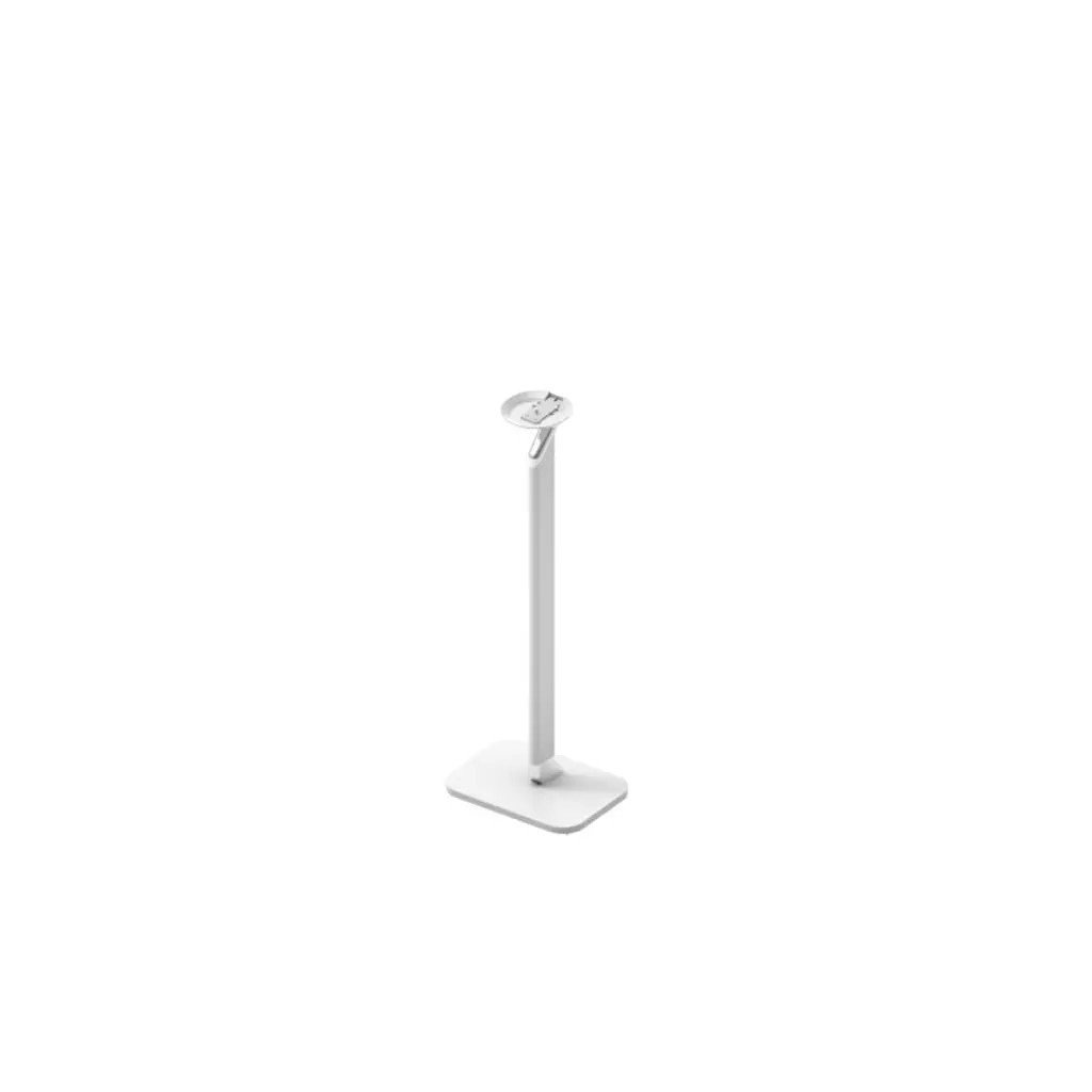 White floor speaker mount made of aluminum and steel, featuring a sturdy square base and an adjustable top plate for secure speaker placement.