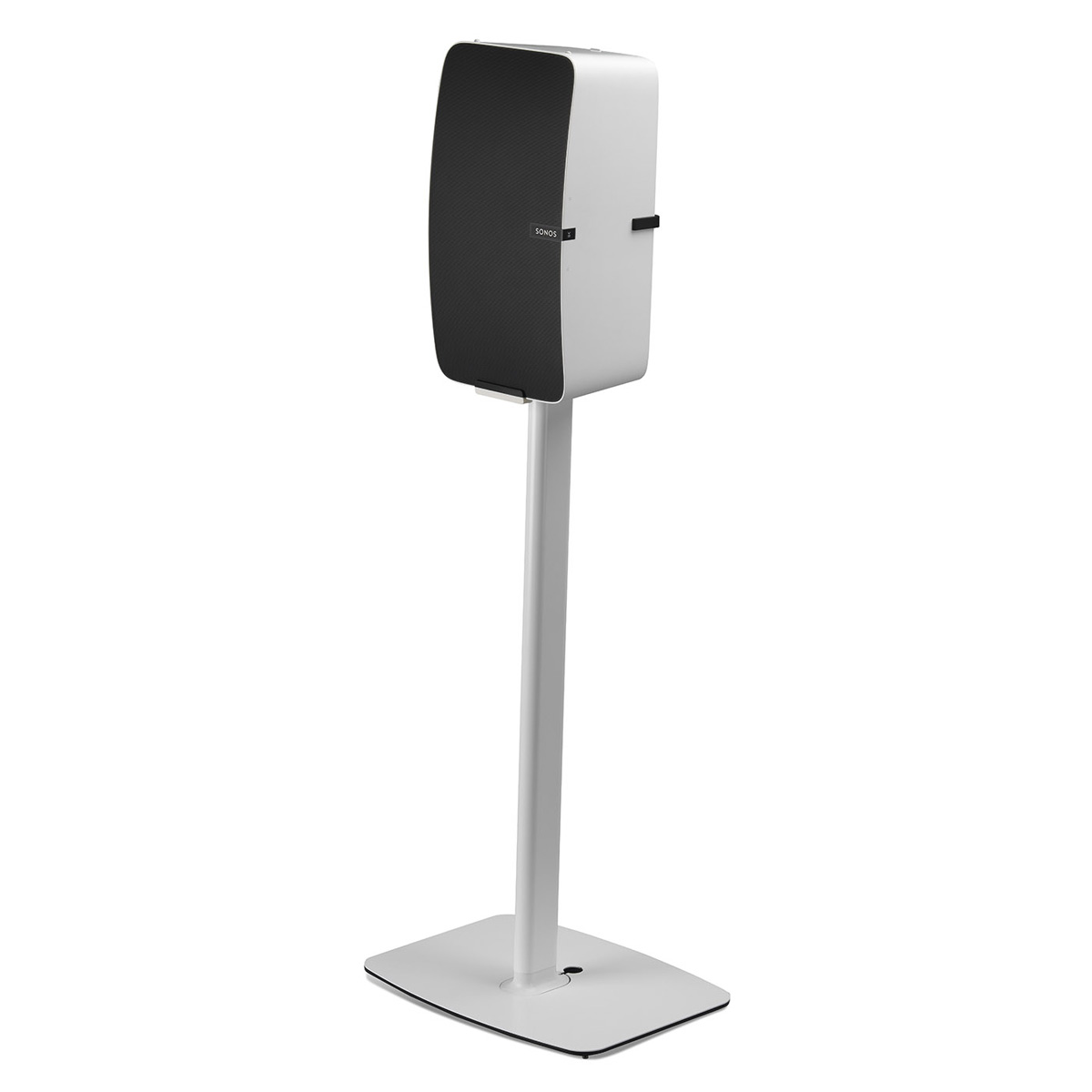 White floor stand designed for Sonos Five and Play:5 speakers, featuring a sleek metal base and a minimalist design for stylish audio placement.