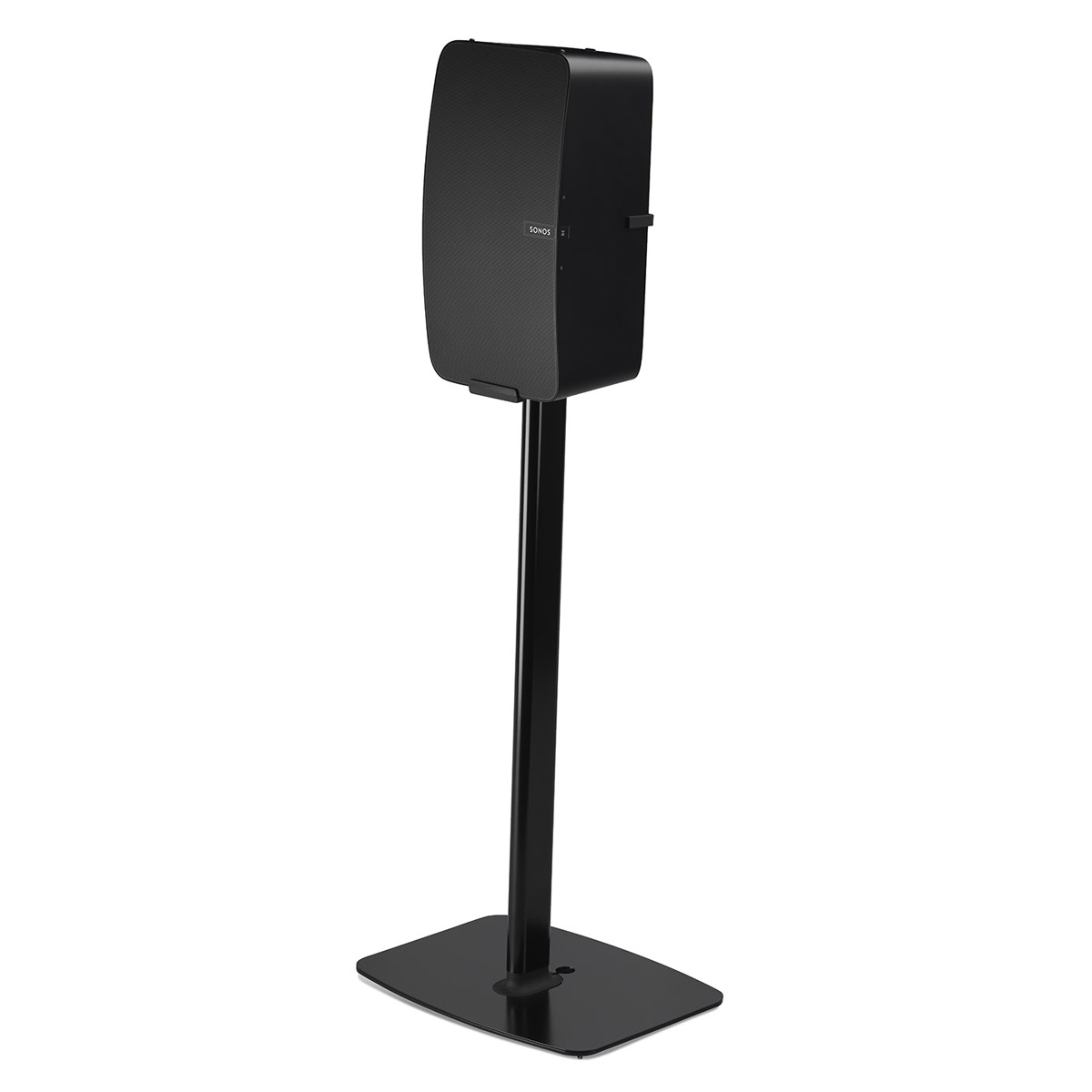 Black aluminum and steel speaker mount with a sleek design, featuring a sturdy base and a vertical pole for secure speaker placement.