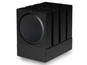 Black speaker mount made of sturdy material, featuring a sleek design with a circular speaker area and multiple grooves for secure wall attachment.