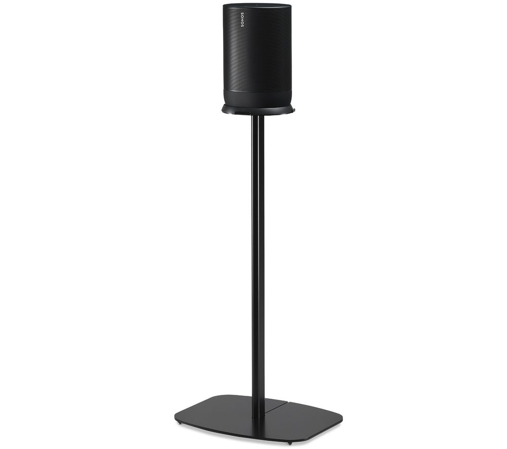 Black AV equipment stand with a sleek metal pole and a sturdy base, designed to hold audio devices securely, featuring a minimalist design for modern interiors.