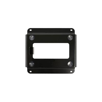 Black wall mount bracket made of metal, featuring a rectangular cutout and four mounting holes, designed for Flexson subwoofers.