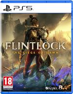Flintlock: The Siege of Dawn for PS5 features a warrior in armor, wielding a sword and shield, set against a dramatic, fiery background, with vibrant colors and detailed graphics.