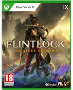 Flintlock: The Siege of Dawn for Xbox Series X features a warrior in armor, vibrant colors, and a fantastical landscape, with the title prominently displayed at the top.