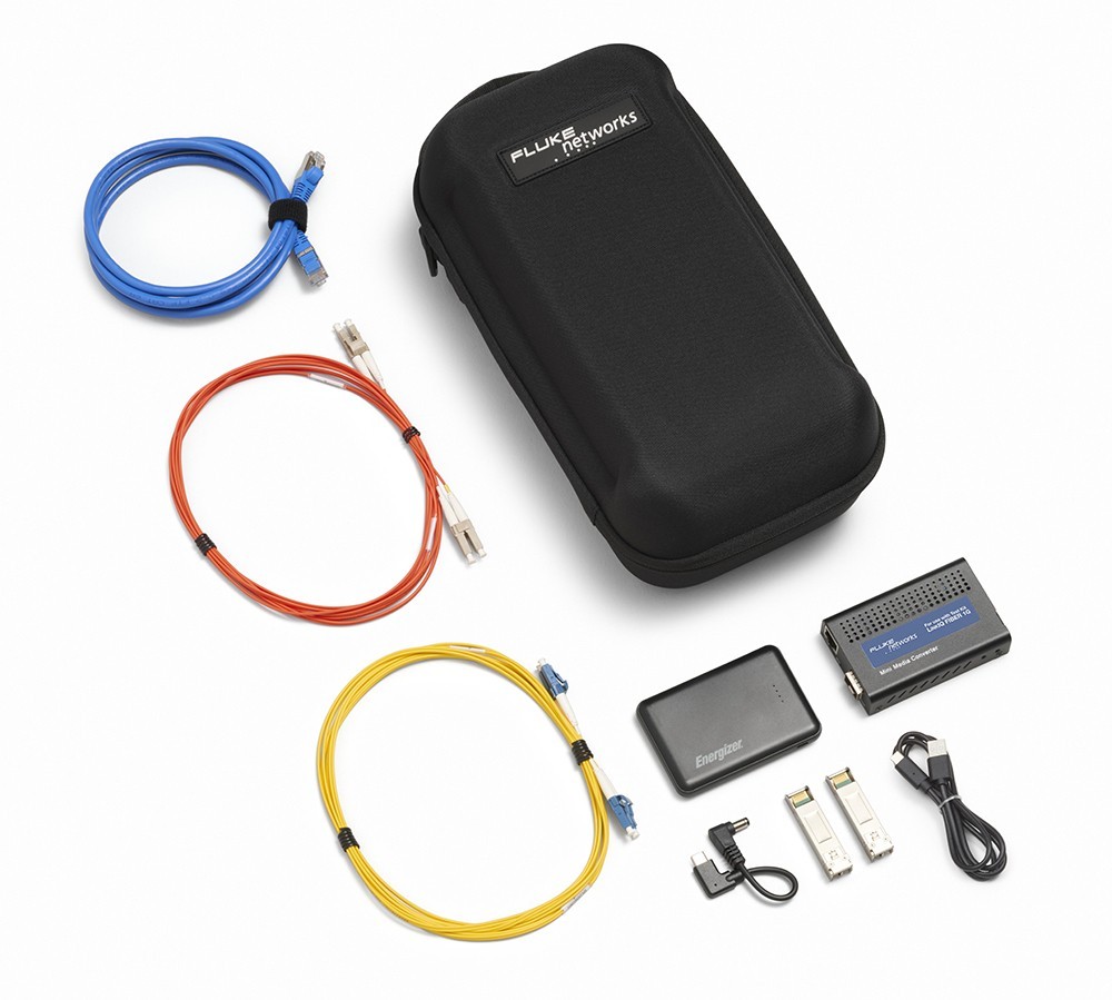 Black carrying case with Fluke Networks logo, containing various fiber cables in blue, orange, yellow, and white, along with a testing device and connectors.