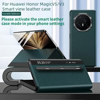 Foldable green leather flip case for Honor MagicV5 V3 with pen holder, anti-drop design, and business style.