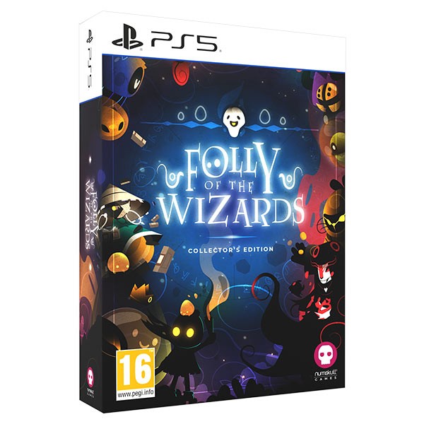 Folly of the Wizards Collector's Edition for PlayStation 5 features a vibrant blue and black box with whimsical character illustrations and a prominent skull logo, indicating it's a special edition.