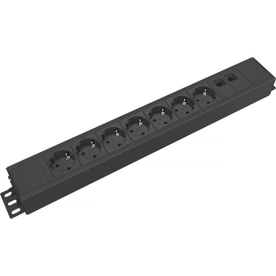 Black power strip with seven sockets, featuring a sleek design and a compact form, ideal for efficient power distribution in various settings.