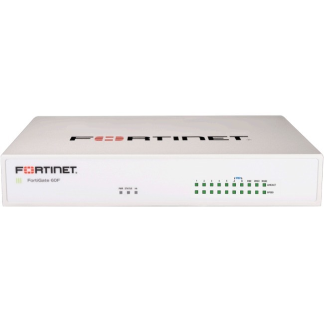Fortinet FortiGate-60F is a sleek white hardware device with indicator lights on the front panel, designed for network security with 1 year of FortiCare and FortiGuard UTP.