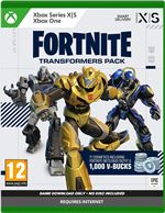 Fortnite Transformers Pack for Xbox Series X features vibrant artwork with Bumblebee and Optimus Prime, showcasing bold colors and dynamic poses, along with a 1,000 V-Bucks bonus.