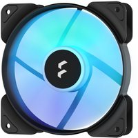 Black Fractal Design Aspect 12 RGB PWM fan with glowing blue blades and sleek black frame.